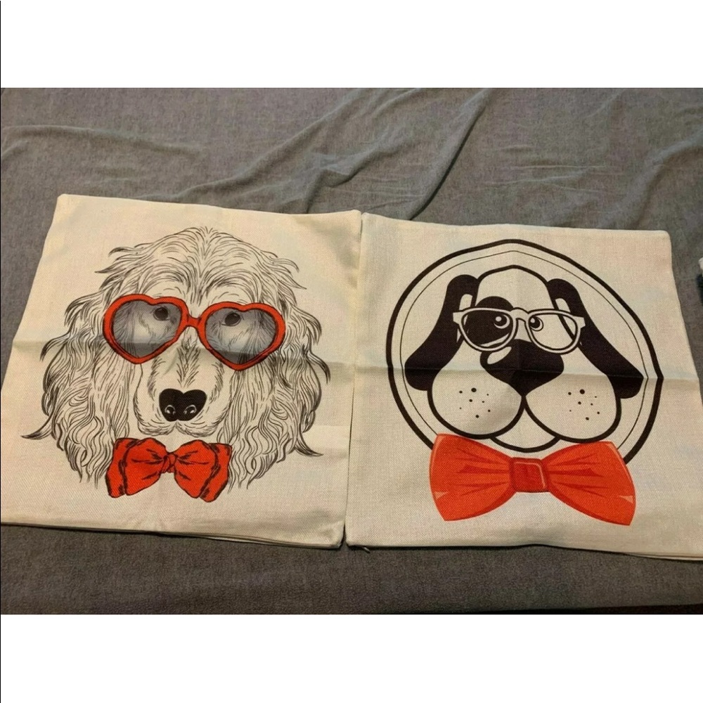 2 Canvas Pillow Covers dogs with bowties 18 X 18